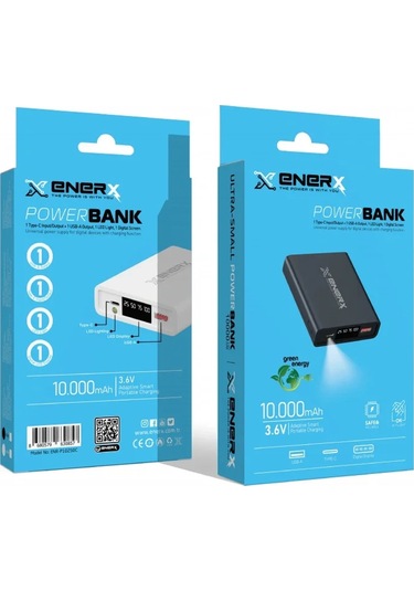 Enerx Enr-p1025dc Powerbank 10.000 Mah Dijital Ekranlı Fenerli Usb+type-c 2.1a Beyaz Siyah