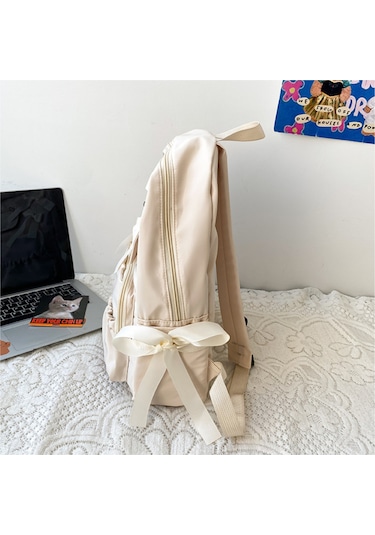 Jeemson Bej Renkli Nylon Çanta, Bow Dekorasyonlu, Çok Bölmeli, Ayarlanabilir Askılı Kemerli, Üniversite/ Günlük Kullanıma Uygun Sırt Çantası Çok Renkli