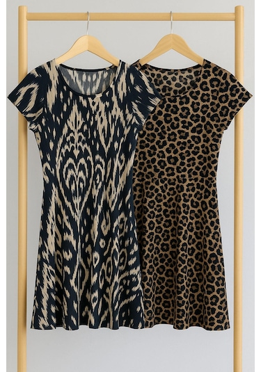 2 Adet Dökümlü Rahat Kalıp Günlük Penye Kumaş Elbise Siyah - Taba