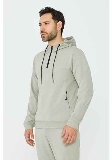 White Stone Açık Yeşil Kapüşonlu Yarım Fermuarlı Yandan Cepli Erkek Sweatshirt Khaık