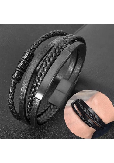 Erkek Hakiki Deri Bileklik Siyah Renk Manyetik Toka Db5097 Siyah