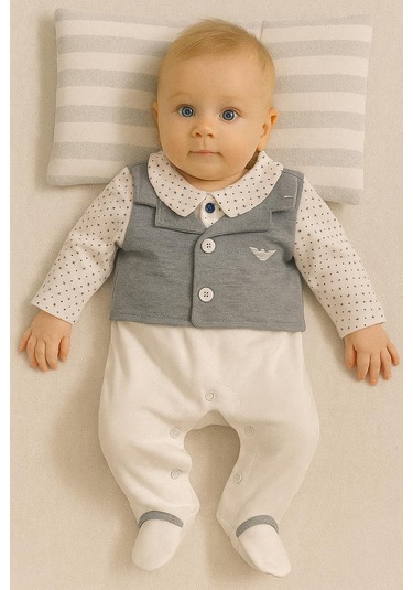 Erkek Bebek Gri Yelekli Takım Görünümlü Tulum Uzun Kollu Düğmeli Pamuklu 128652 Gri
