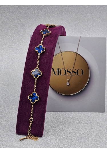 Sedefli Mavi Çelik Bileklik Gold Renk Yoncalı Model Altın