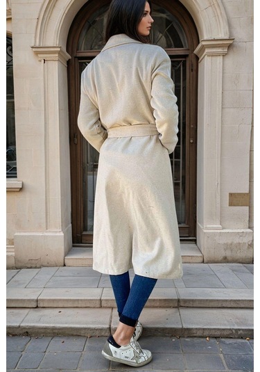 Ekru, Şal Yaka, Cepli, Kuşak Detaylı, Astarsız, Uzun Kaban Ekru