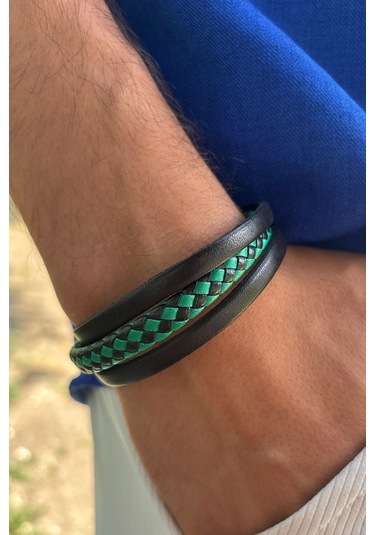 Yeşil Siyah Desen El İşçiliği İle Üretilmiş Hakiki Deri Erkek Bileklik Siyah
