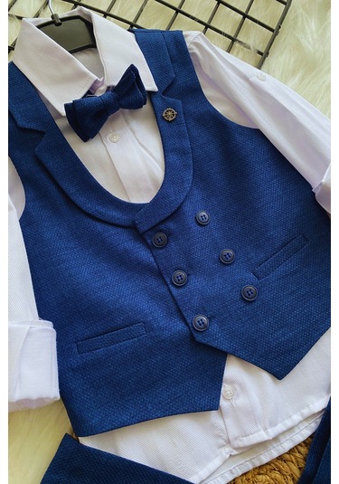 Katlama Detay Yelekli Rozetli Çocuk Takım Elbise Sax Saks Mavi