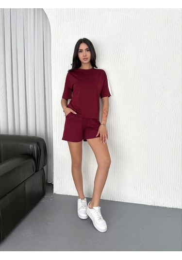 Osy Modal Yumuşak Dokulu Kumaş Kadın Parçalı Bisiklet Yaka T-shirt Kısa Şort İkili Takım - Bordo Bordo