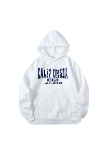 Califor Ornia 1776 Sweatshirt - Beyaz Baskılı Oversize Kışlık Kalın Kapüşonlu Beyaz