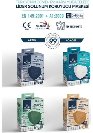 Musk Ffp2 Maske 40 Adet (Lacivert,Beyaz,Yeşil,Taba)