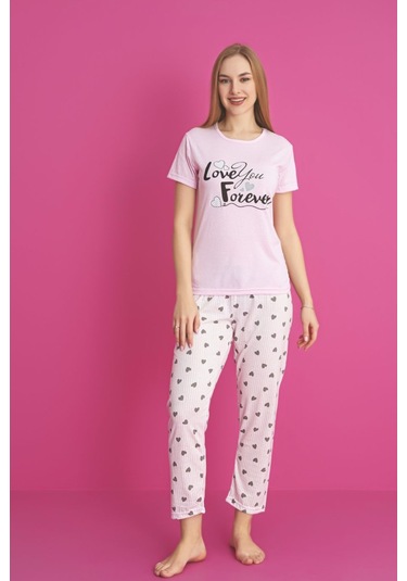 Dreamy Pamuklu Desenli Kısa Kollu Pijama Takımı Pembe