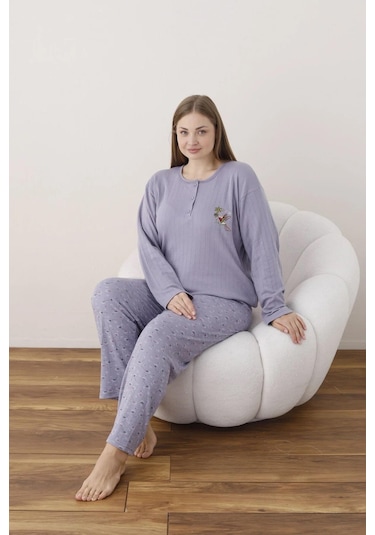 Lindros Kadın Pamuk'lu Düğme Yaka Raporlu İnterlok Kışlık Battal Pijama Takımı 05113 - 1 Adet Lila