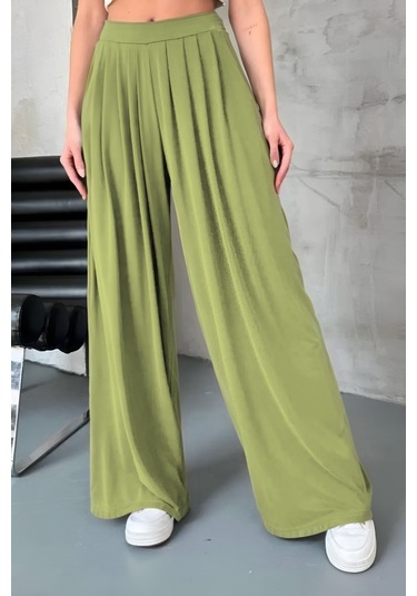 Feela Moda Premium Modal Kumaş Pileli Şalvar Kadın Pantolon 2012 Haki