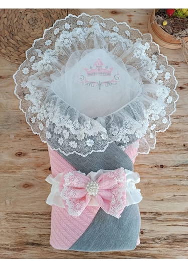 Yenidoğan Teri Cotton Taç Nakışlı Prizma Taş Kundak Bebek Battaniyesi Pembe Renkli Çok Renkli