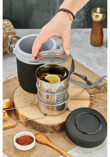 Cooker 3147 Siyah Lüx 1,2 Litre Çelik Hazneli 3'lü Yemek Termosu