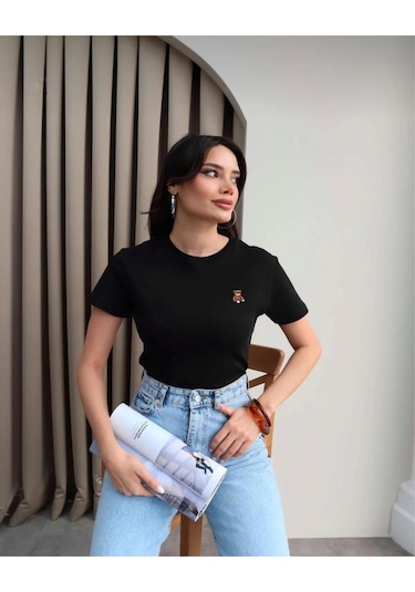 Teedy Bear Nakışlı Crop T-shirt SIYAH