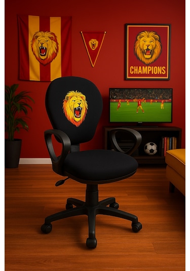 Gs Aslan Taraftar Temalı Sarı-kırmızı Çocuk Çalışma Koltuğu Ofis Koltuğu Tekerlekli Sandalye Siyah