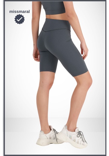 Kadın Yüksek Bel Toparlayıcı Tayt Kısa Spor Şort Deniz Havuz Spor Biker Shorts Antrasit 1070 Antrasit