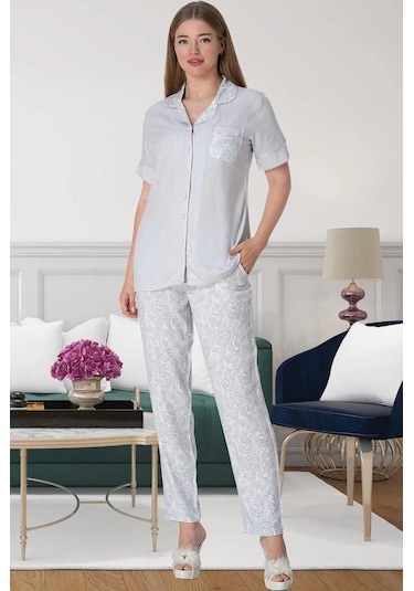 Mecit Pijama Mecit 5144 Önden Düğmeli Kadın Pijama Takımı 001