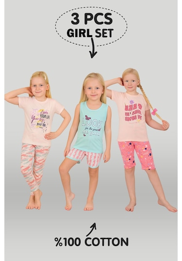 Kız Çocuk 3'lü %100 Pamuklu 1-2-3 Yaş Pijama Takımı Model:130 Çok Renkli