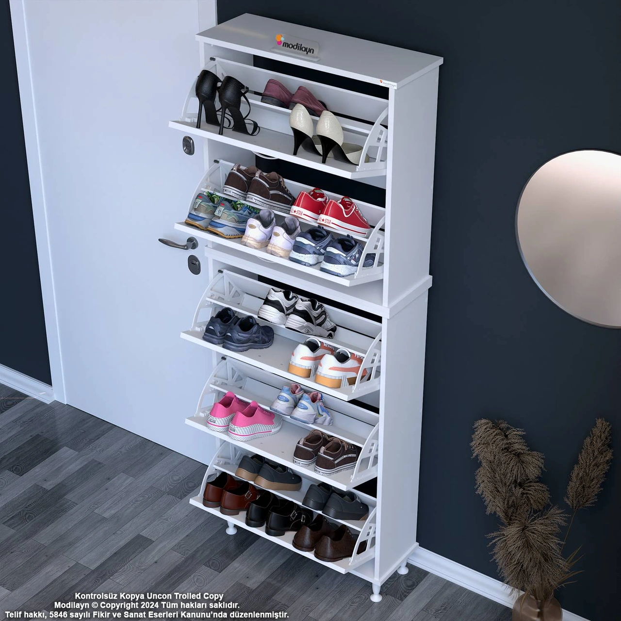 Asil 2 Li Antre Beyaz Renk Ayakkabılık 52 Cm 5 Düşer Kapak 10 Raflı Ayakkabılık 52 X193x 25,5 Cm Beyaz