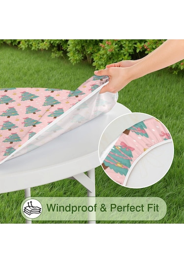 Noel Desenli Yuvarlak Elastic Masa Örtüsü, 45-52 İnç, Suya Dayanıklı, Piknik Ve Kamp İçin Noel Ağacı Kurdele