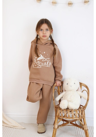 3 İp Baskılı Kapüşonlu Şardonlu İkili Takım Kahverengi