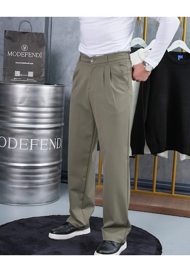 Modefendi Baggy Kesim Pile Detaylı Kumaş Pantolon Haki