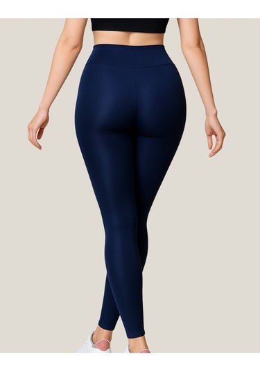 Toparlayıcı Yüksek Bel Kadın Günlük Spor Parlak Tayt Lacivert
