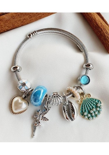 Artepieza Gümüş Renk Mavi Deniz Kabuğu Charmlı Çelik Bileklik