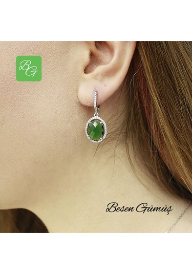 Etrafı Zirkon Taşlı Oval Yeşil Taşlı Set Rose Gold - Gümüş
