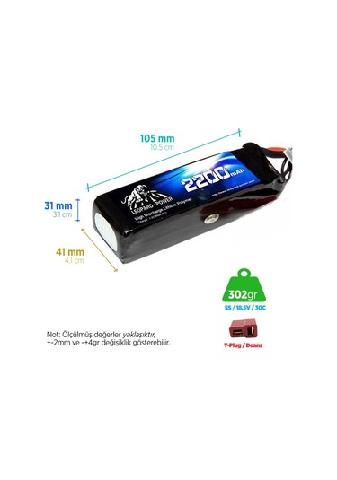 Leopard Power 2200 mAh 7.4V 2S 30C Lityum Polimer Lipo Batarya Pil T Plug