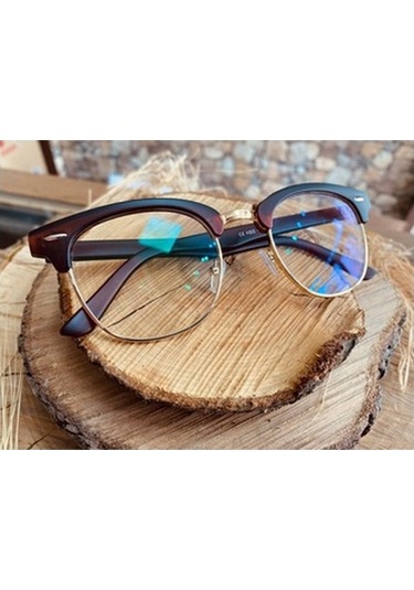 Kahverengi Clubmaster Numarasız Kadın Mavi Işık Engelleyici Gözlü