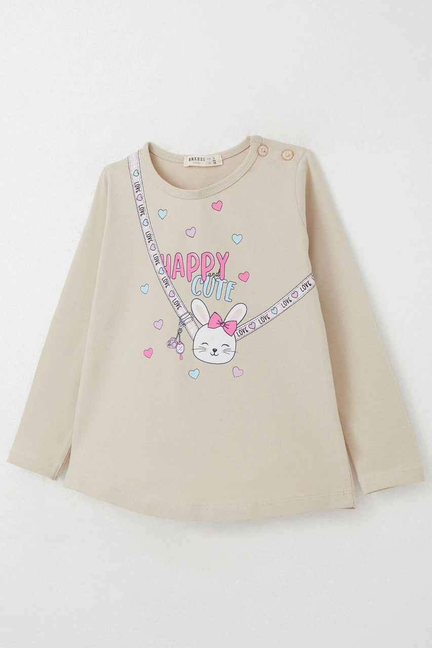 Breeze Kız Bebek Taytlı Takım Mutlu Tavşancık Baskılı Kalpli 9 Ay-3 Yaş, Bej Bej