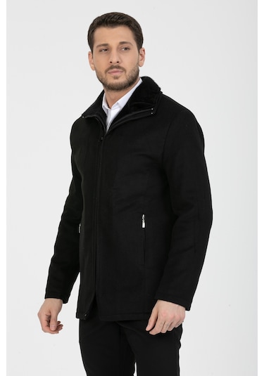 Erkek Siyah Yün Karışım Çift Yaka Kürklü Önü Fermuarlı Kaşe Kaban Siyah
