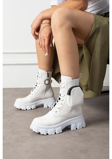 Shoetek Lorbi Kadın Bot Çantalı Postal Beyaz Deri Beyaz