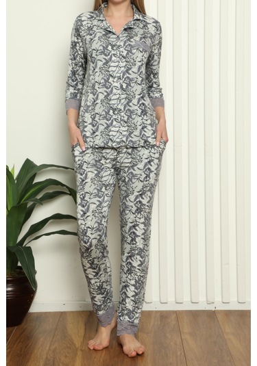 Kadın Pijama Takımı Cepli Düğmeli Likralı Dantelli YEŞİL Yeşil