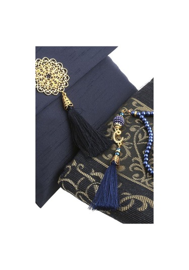 Şantuk Keseli Tafta Seccade Ve İnci Vavlı Tesbih Set , Taşınabilir Namaz Seti Lacivert