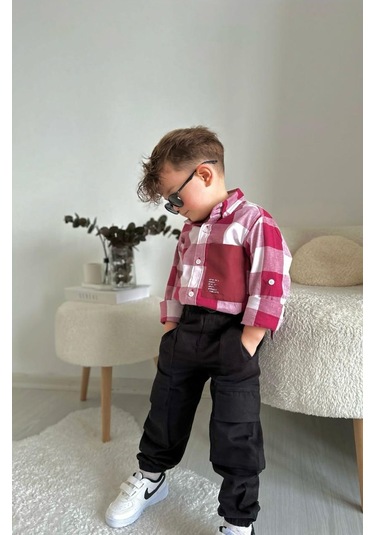 Minaz Baby Kareli Gömlek Pantolon Takım Kırmızı - Siyah