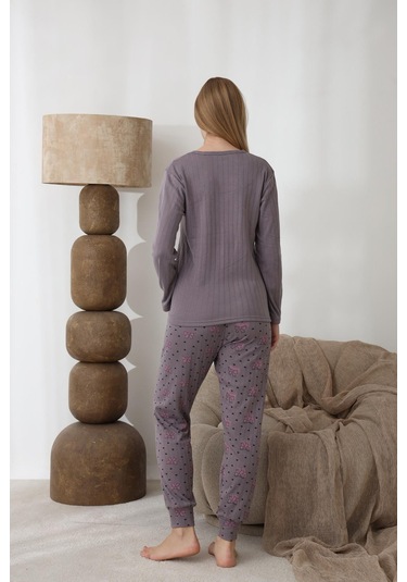 Lindros Kadın Pamuk'lu Düğme Yaka Raporlu İnterlok Kışlık Pijama Takımı 0274 - 1 Adet Füme