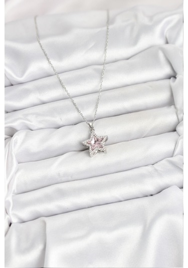 316l Çelik Zincir Gümüş Renk Pembe Taşlı Yıldız Model Kadın Kolye - Prt3500eb09343-95265 Gümüş
