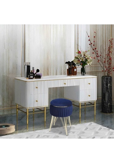 Bianco Metal Ayaklı Sehpalı Puf Altın Koyu Mavi Gold Dark Blue