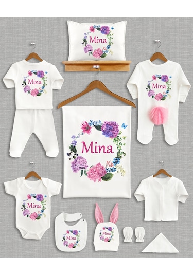 Ponponlu Tavşan Kulaklı İsme Özel 11 Parça Hastane Çıkışı Ekru