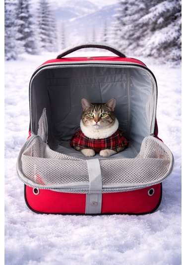 Fileli Nefes Alabilir Kedi Sırt Taşıma Çantası Kırmızı