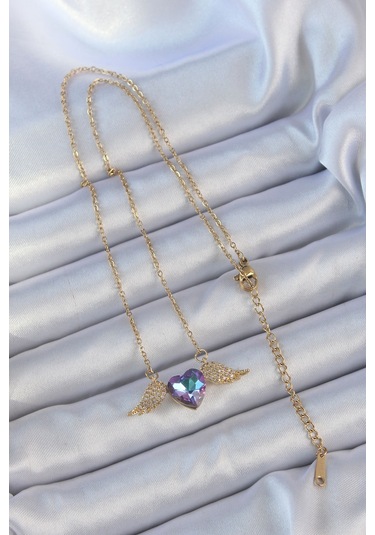 316l Çelik Zincir Altın Renk Mavi Mor Zirkon Taşlı Kanatlı Kalp Kolye - Tj-bko9161 Gümüş