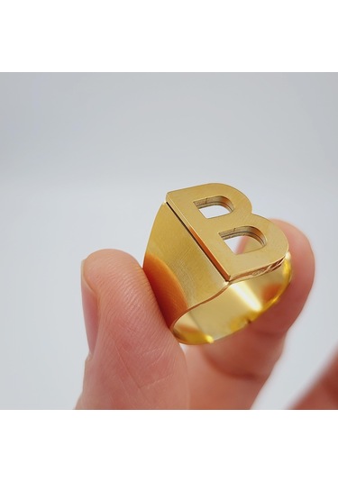Çelik Gold Düz Kesim Harf Yüzük -b Harfi- Ayarlı Ölçü-1889 Altın