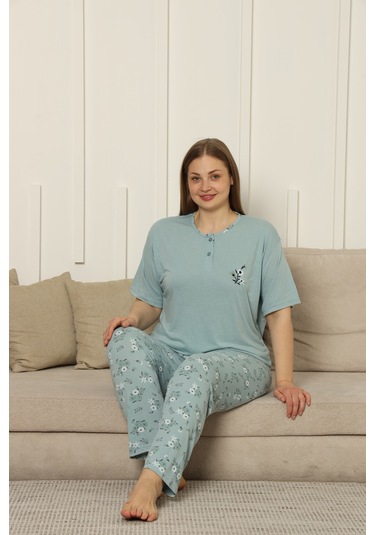 Viskon Kumaş Kadın Büyük Beden Kısa Kollu Pijama Takımı Yeşil