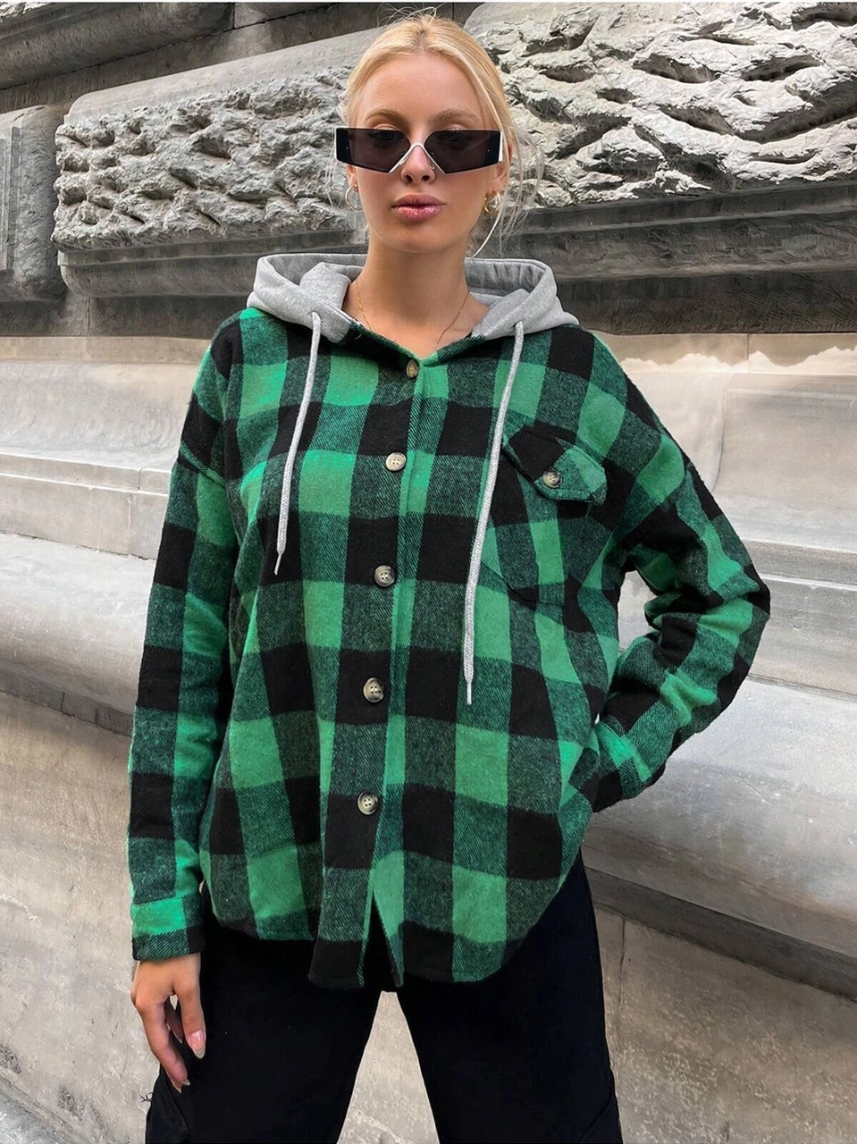 Kadın Desenli Renkli Oduncu Oversize Bol Ve Geniş Kalıp Casual Çift Kapüşonlu Ceket Gömlek Yeşil