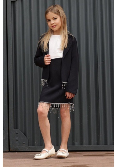 Riccotarz Kız Çocuk Dökümlü Kristal Taş Detaylı Siyah Etekli Takım 001