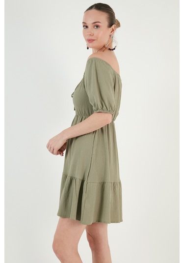 Lela Önü Büzgülü Balon Kollu Mini Bayan Elbise 5869005 Olive