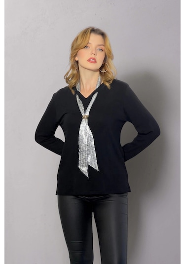 V Yaka Fularlı Bluz Siyah